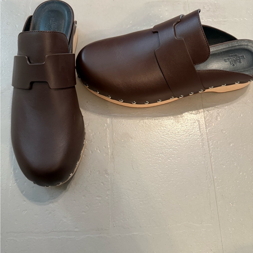 Hermes Brown Leather Mules Slip-On Design